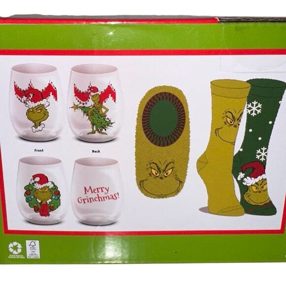 Christmas Grinch Socks Slippers Wine Glasses gift Set BIOWORLD NEW - Picture 1 of 10